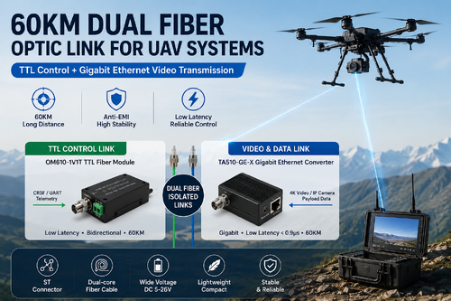 أحدث حالة شركة حول 60KM Dual Fiber Optic Link for UAV Systems: TTL Control + Gigabit Ethernet Video Transmission