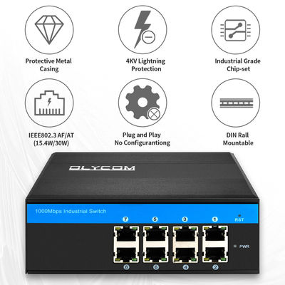 8 منفذ PoE Ethernet Switch الشبكة الصناعية غير المدارة 120W / 240W DC48V IP40