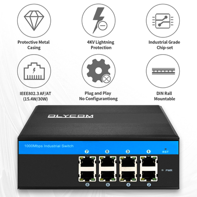 تحويل الوسائط PoE غير المدار الصناعي جيجابيت 8 منفذ 120W 240W DC48V الخروج