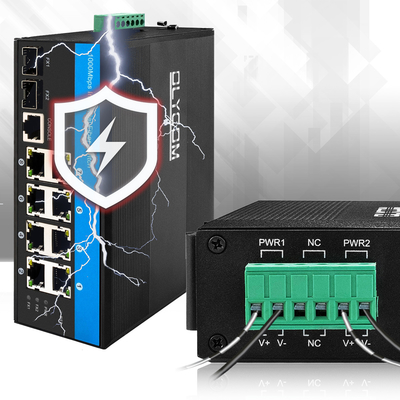 8 منافذ صناعية مديرة PoE Switch 2.5G حلقة الألياف 240W ميزانية شبكة جيجابيت DC48V مدخل