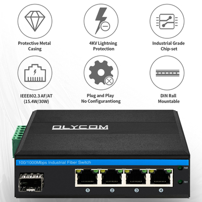 مفتاح PoE SFP بـ 5 منافذ شبكة جيجابت PoE/PoE+ بميزانية 120 واط DC48V بدون مروحة CE FCC