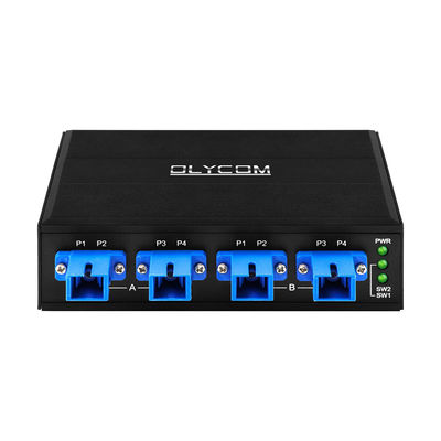 مفتاح تجاوز بصري بـ 4 منافذ موصل SC/UPC أحادي الاتجاه 1310/1550 نانومتر تيار مستمر 24 فولت سكة DIN CE