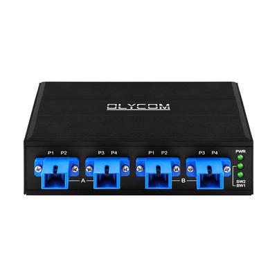 مفتاح تجاوز بصري بـ 4 منافذ موصل SC/UPC أحادي الاتجاه 1310/1550 نانومتر تيار مستمر 24 فولت سكة DIN CE