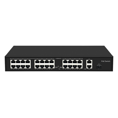 24 منفذ 10 / 100M POE التبديل جيجابيت الألياف الضوئية Uplink AC رف غير المدار ميزانية 300W