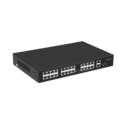 24 منفذ 10 / 100M POE التبديل جيجابيت الألياف الضوئية Uplink AC رف غير المدار ميزانية 300W
