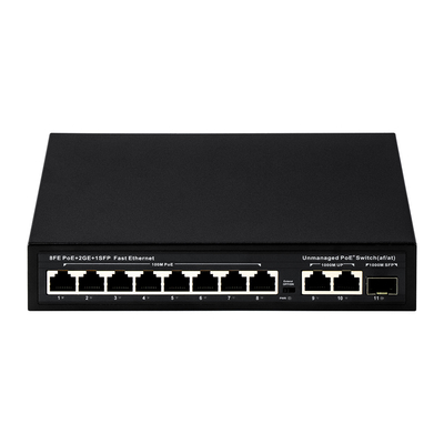 مفتاح POE غير المدار 8 PoE 10/100Mbps + 2 LAN 100/1000Mbps + 1SFP 100/1000M لجهاز المراقبة