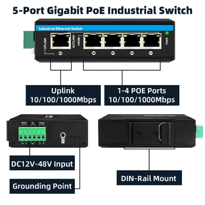 5 منافذ مكبر الجهد جيجابيت 12-48VDC مدخلات محول شبكة POE الصناعية