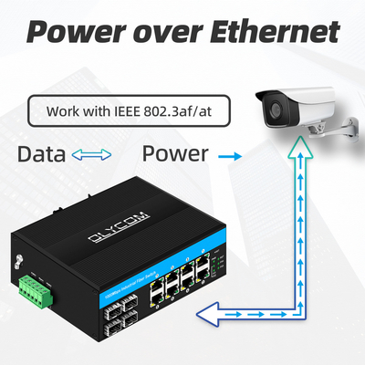 12 بوابة جيجابيت صناعية PoE Ethernet Switch IEEE 802.3af/at RJ45 DIN محول تركيب السكك الحديدية