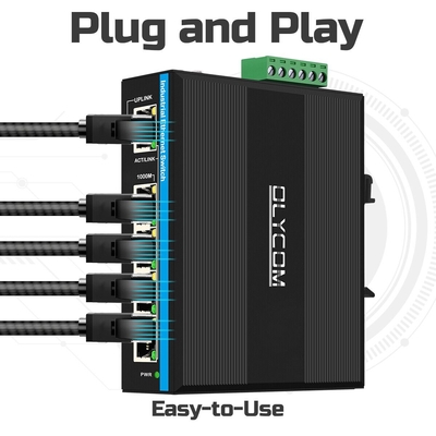 مبدل إيثيرنت صناعي مصغر 5 منافذ 4 RJ45 إلى 1 منفذ RJ45 غير مدير DC12v/24v مدخل