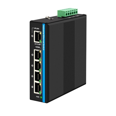 مبدل إيثيرنت صناعي مصغر 5 منافذ 4 RJ45 إلى 1 منفذ RJ45 غير مدير DC12v/24v مدخل