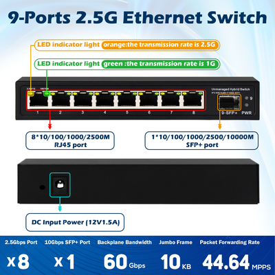 9 منفذ غير مُدار 2.5G Ethernet Switch مع 10G Uplink SFP Port 60Gbps عرض النطاق الترددي الخلفي