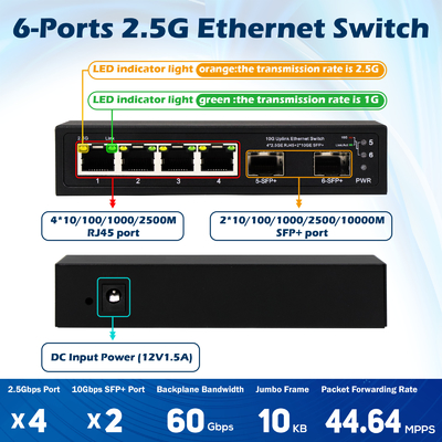 مفتاح إثنترنيت 10G غير مدير 4 منفذ 2.5G مفتاح إثنترنيت مع منافذ 10G SFP +