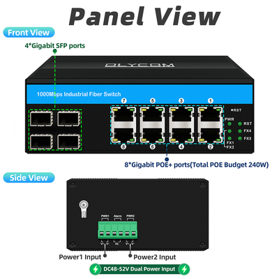8 منافذ تحويل POE جيجابيت التبديل الصناعي إيثيرنت 4SFP + 8RJ45 DC48V مدخل طاقة مزدوج