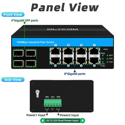 12 منفذ لتحويل Ethernet الصناعي Din Network Switch 4SFP + 8RJ45 DC12-52V مزدوج مصدر الطاقة