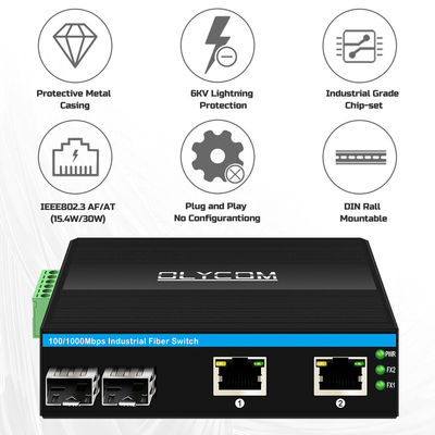 مفتاح POE الصناعي مع 2 منفذ SFP + 2 RJ45 6KV حماية الزيادة العالية وإدخال الطاقة DC48V للاستخدام في الهواء الطلق