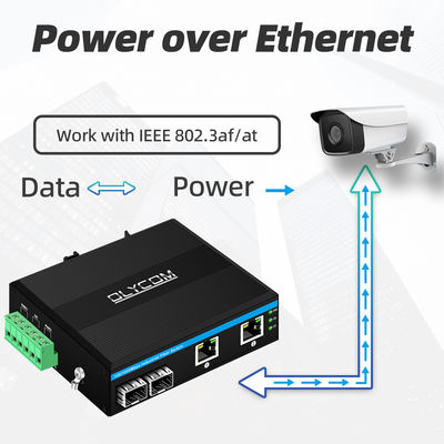 مفتاح POE الصناعي مع 2 منفذ SFP + 2 RJ45 6KV حماية الزيادة العالية وإدخال الطاقة DC48V للاستخدام في الهواء الطلق