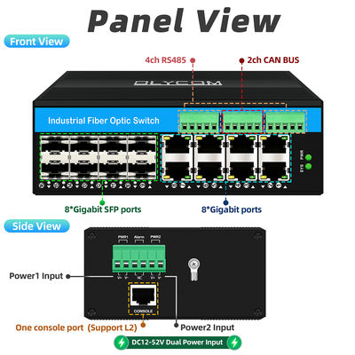 مُبدِّل ألياف صناعية مُدارة مع ناقل CAN RS485، 6 منافذ، للاستخدام الشاق، بدون مروحة، بتصنيف IP40
