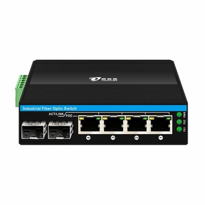 مفتاح POE الصناعي غير المدار مع منافذ 2SFP + 4RJ45 ، وحماية 6KV من الزيادة الحرارية ، ومدى درجة حرارة واسع (-40 ° C إلى + 75 ° C)