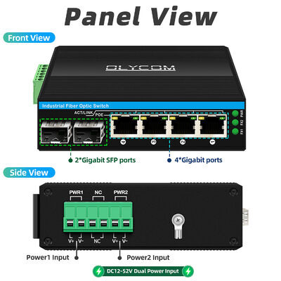 مفتاح POE الصناعي غير المدار مع منافذ 2SFP + 4RJ45 ، وحماية 6KV من الزيادة الحرارية ، ومدى درجة حرارة واسع (-40 ° C إلى + 75 ° C)