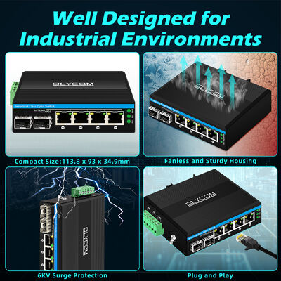 مفتاح POE الصناعي غير المدار مع منافذ 2SFP + 4RJ45 ، وحماية 6KV من الزيادة الحرارية ، ومدى درجة حرارة واسع (-40 ° C إلى + 75 ° C)