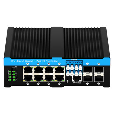 مفتاح تجاوز الألياف الصناعي مع 4 منافذ SFP+ بسرعة 10 جيجابت و 8 منافذ PoE بسرعة 10/100/1000 ميجابت للبيئات القاسية