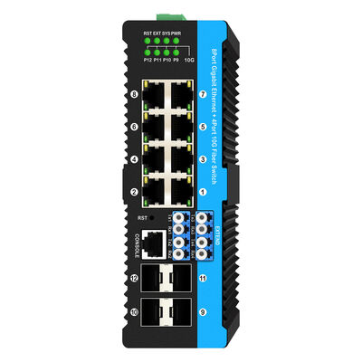 مفتاح تجاوز الألياف الصناعي مع 4 منافذ SFP+ بسرعة 10 جيجابت و 8 منافذ PoE بسرعة 10/100/1000 ميجابت للبيئات القاسية