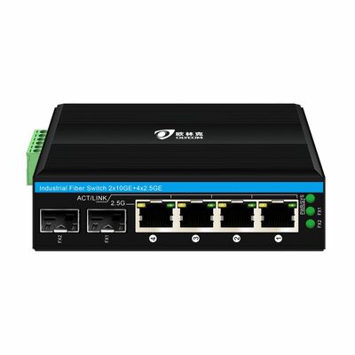 مفتاح شبكة صناعي 2.5G PoE من الألياف الضوئية 4 منافذ PoE+ مع 2 SFP 10G Uplink DIN Rail