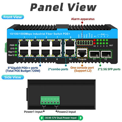 مفتاح الشبكة الصناعية المدار 2 * 2.5G SFP + 8 * RJ45 منافذ 10/100/1000M POE 90W مفتاح خارجي