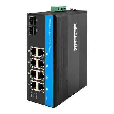 10 منفذات جيجابيت لتبديل الشبكة الصناعية SFP Fiber Uplink Din Rail غير منظم
